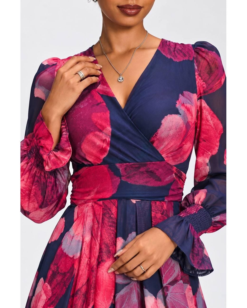 Jolie Moi Red Long Sleeve V Neck Mesh Maxi Dress