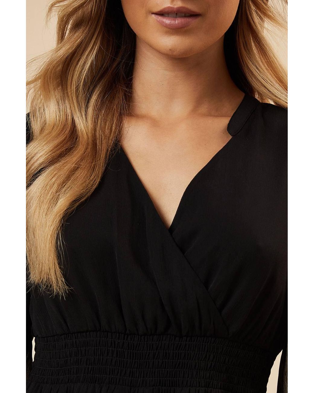 Dorothy Perkins Black Chiffon Long Sleeve Shirred Waist Mini Dress