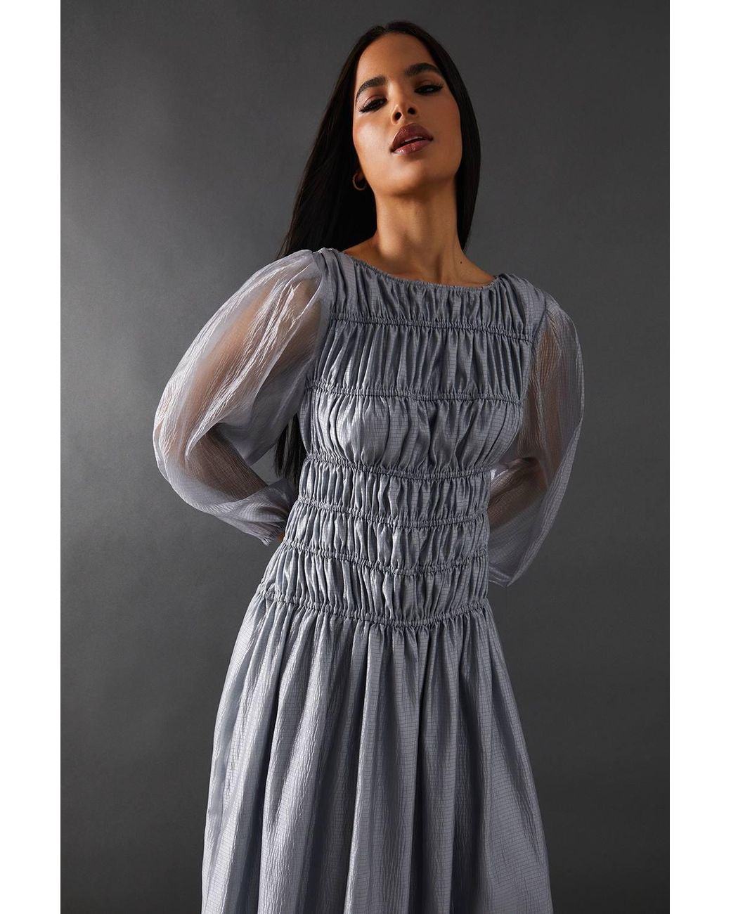 Warehouse Gray Shirred Chiffon Panel Bodice Midi Dress