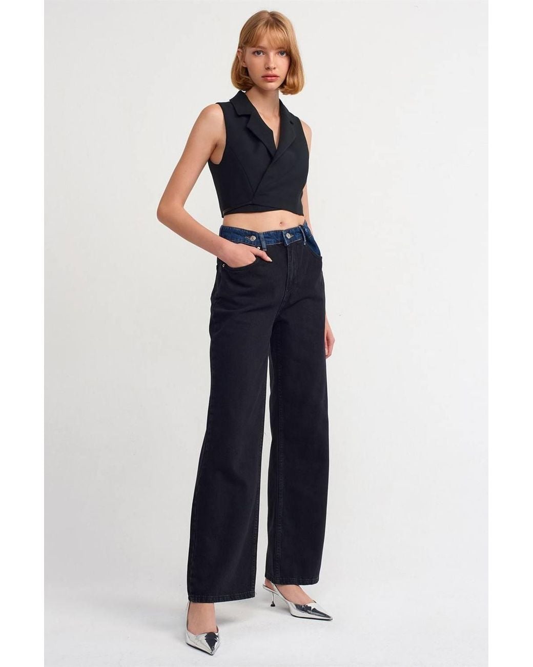 Dilvin Blue Fitted Crepe Crop Blouse With Tie Front