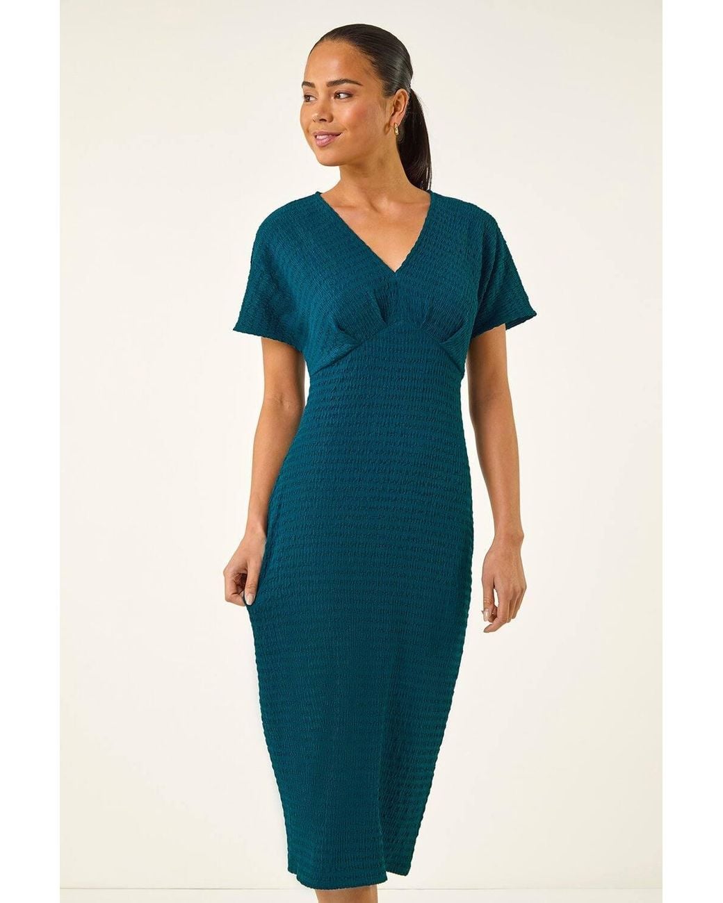 Roman Brown Petite Textured V-Neck Stretch Midi Dress