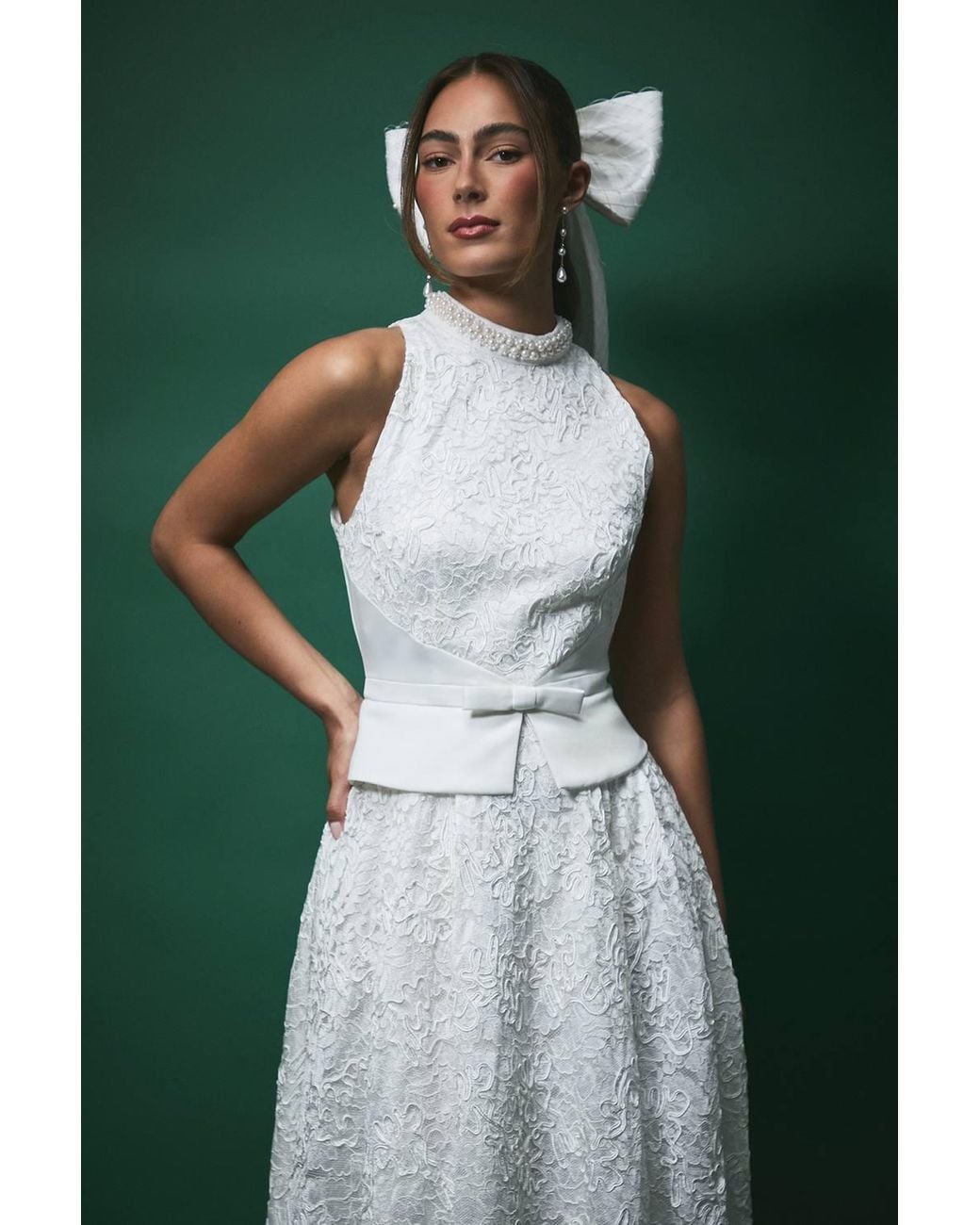 Coast Green Lisa Tan Lace Peplum Detail Midi Wedding Dress