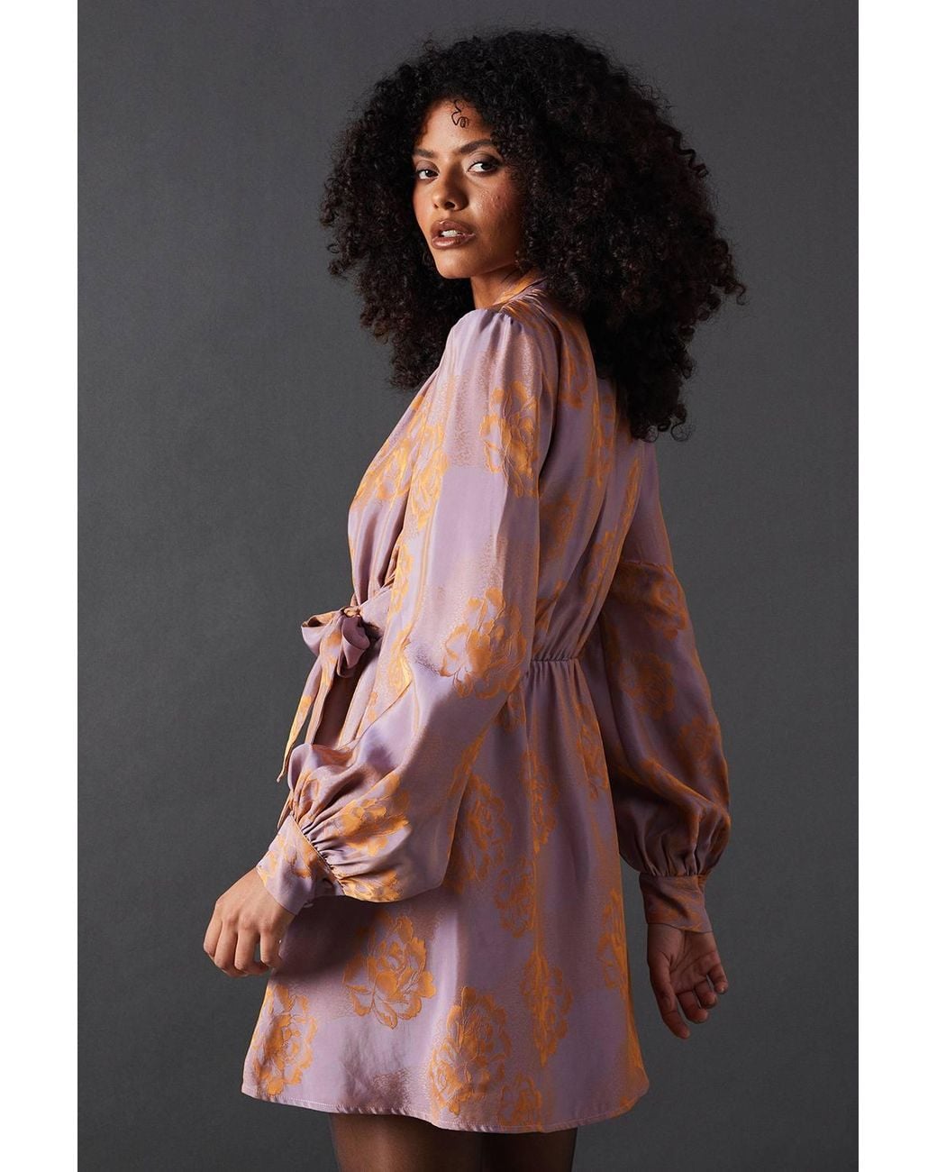 Warehouse Gray Satin Rose Jacquard Tie Neck Flippy Mini Dress