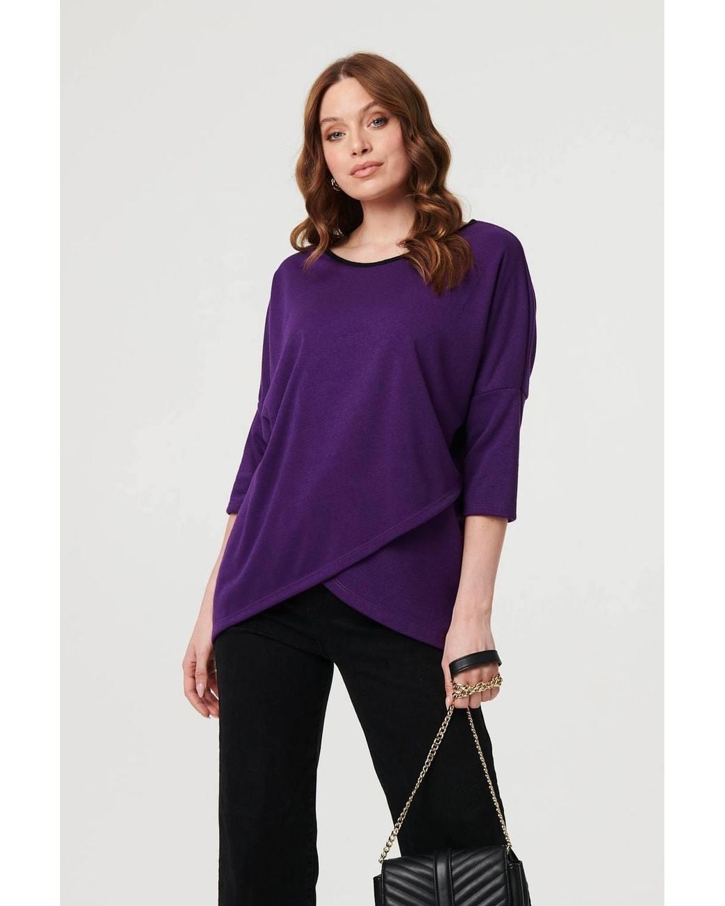 Izabel London Purple Asymmetric Zip Hem 3/4 Sleeve Tunic Top