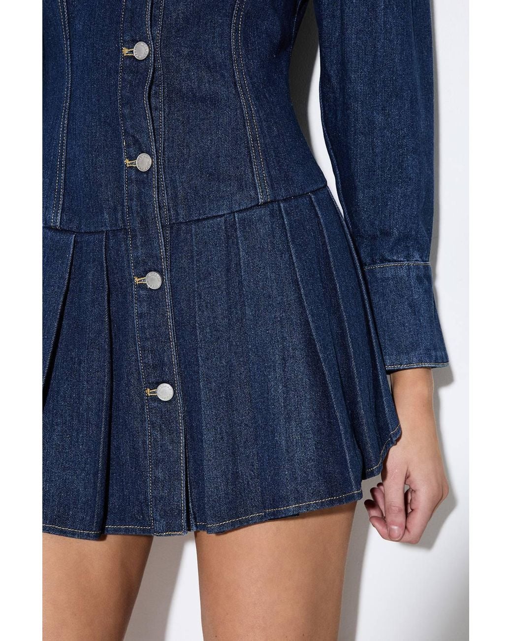 MissPap Blue Premium Denim Pleat Hem Balloon Sleeve Dress