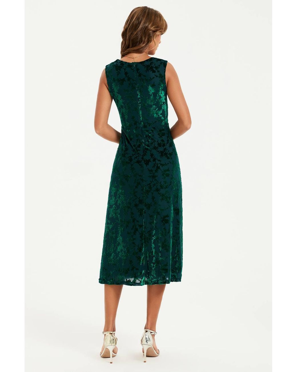 FS Collection Green Floral Velvet Devore Sweetheart Neck Midi Dress