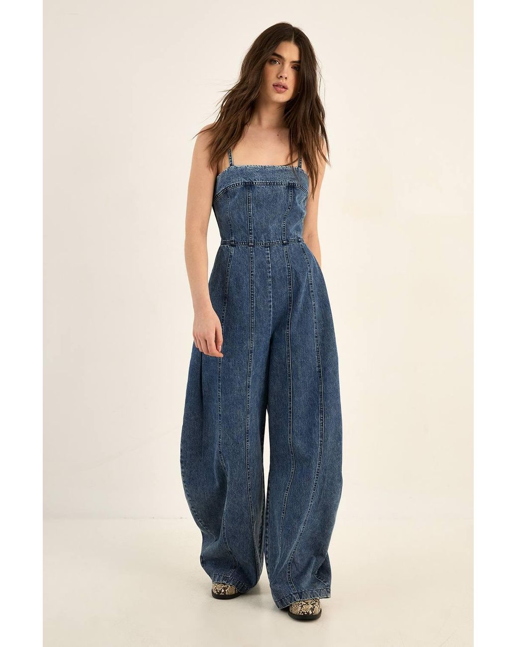 Nasty Gal Blue Strappy Seam Detail Wide Leg Denim Jumpsuit