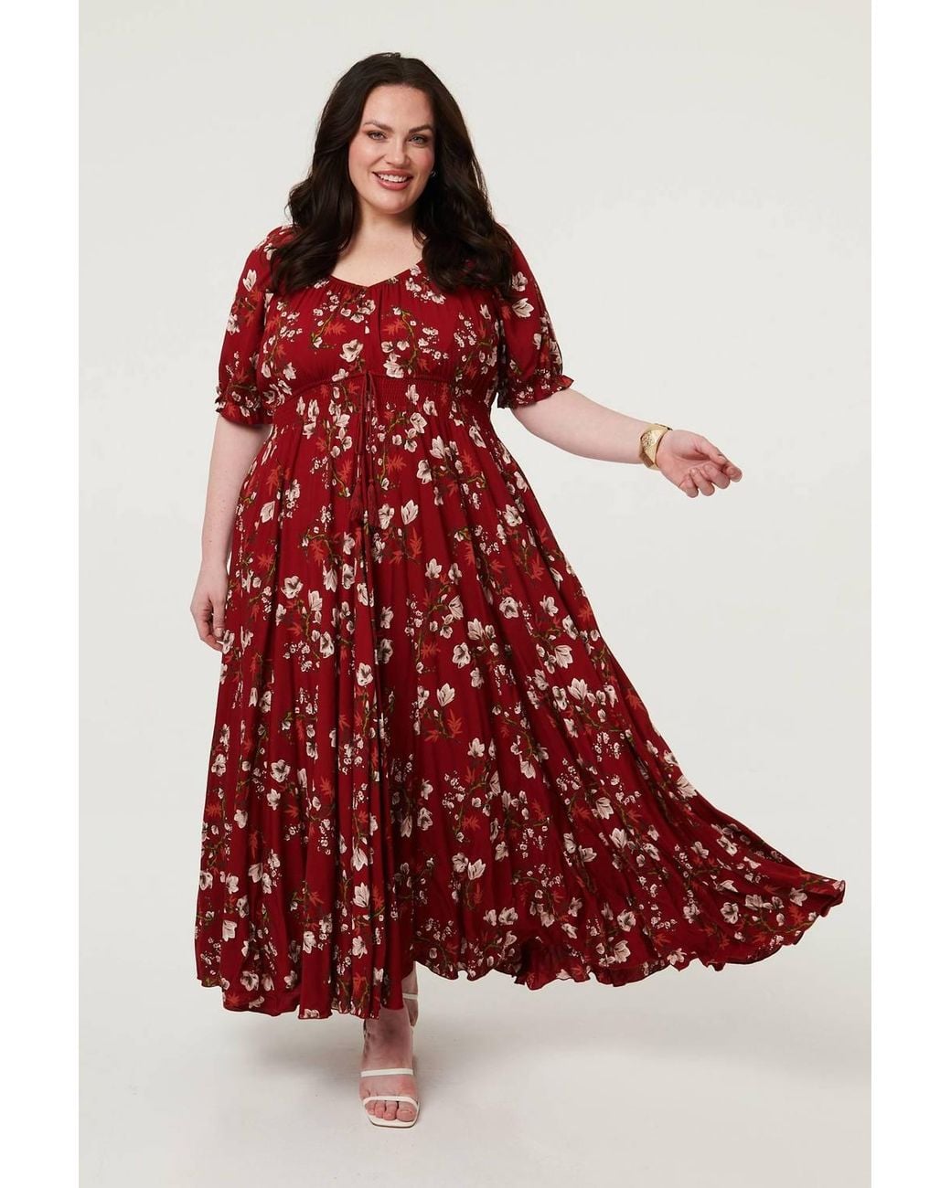 Izabel London Red Curve Floral Bardot Empire Maxi Dress