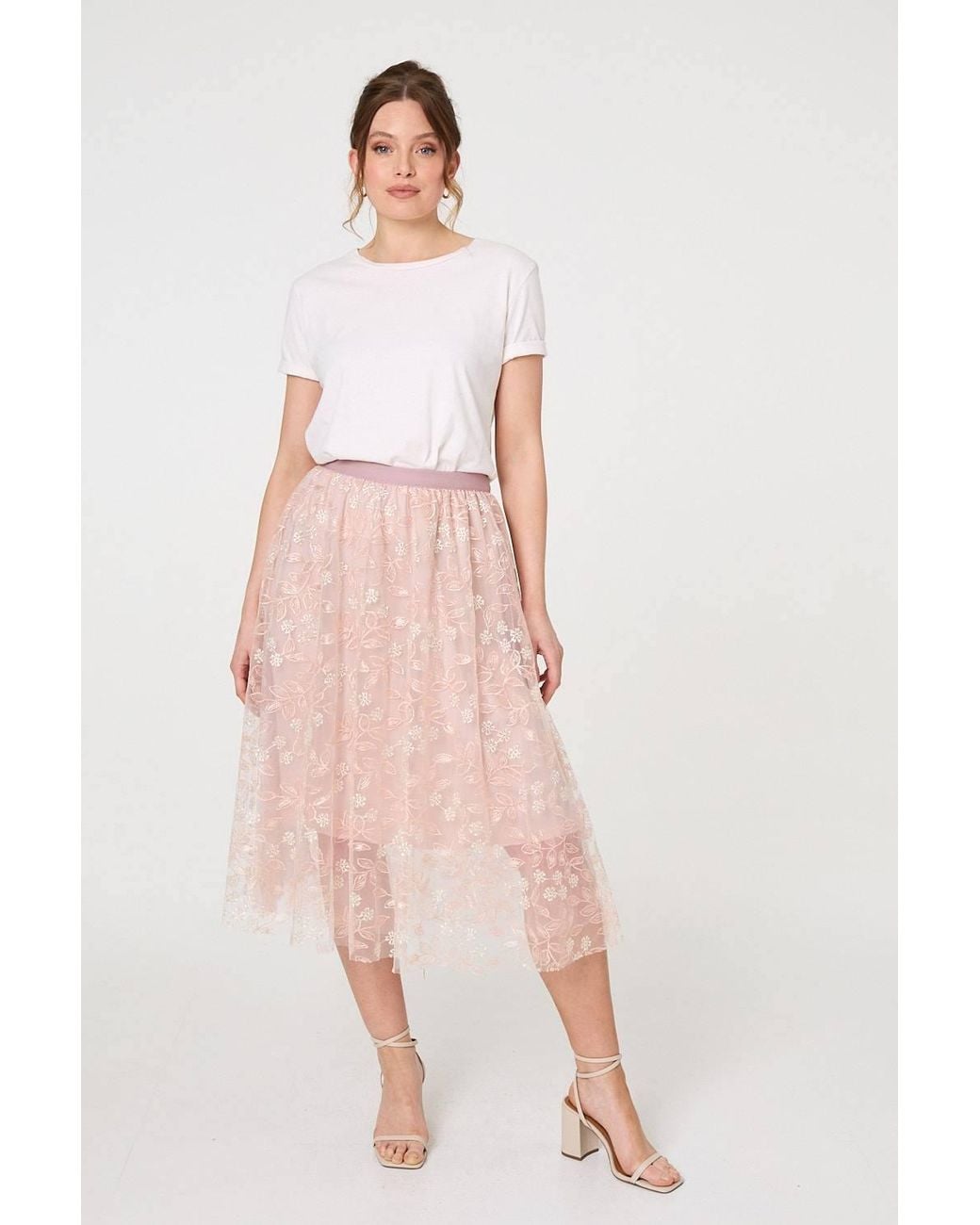 Izabel London Pink Floral Mesh Layered Midi Skirt