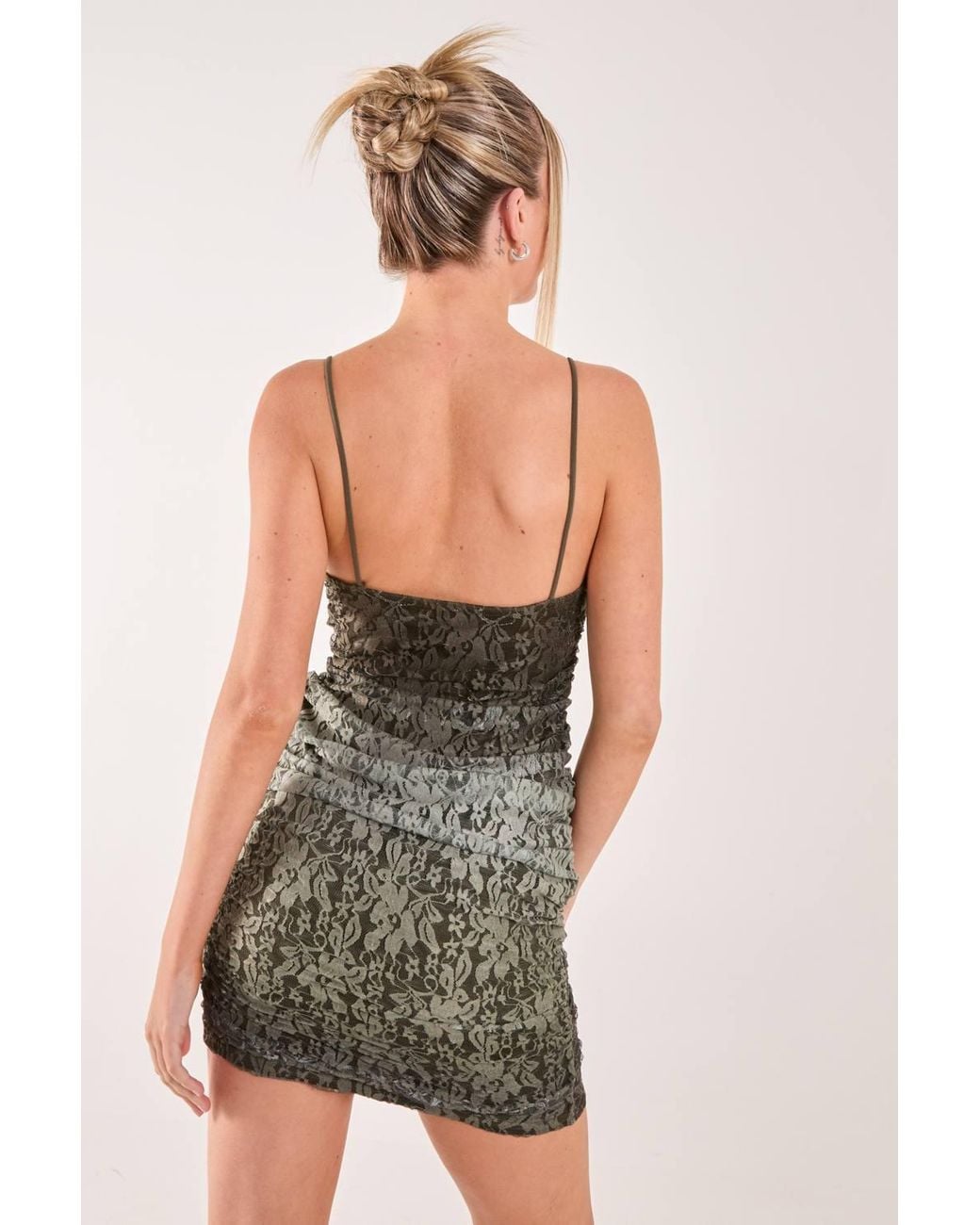 Pink Vanilla Green Lace Cowl Ombre Mini Dress