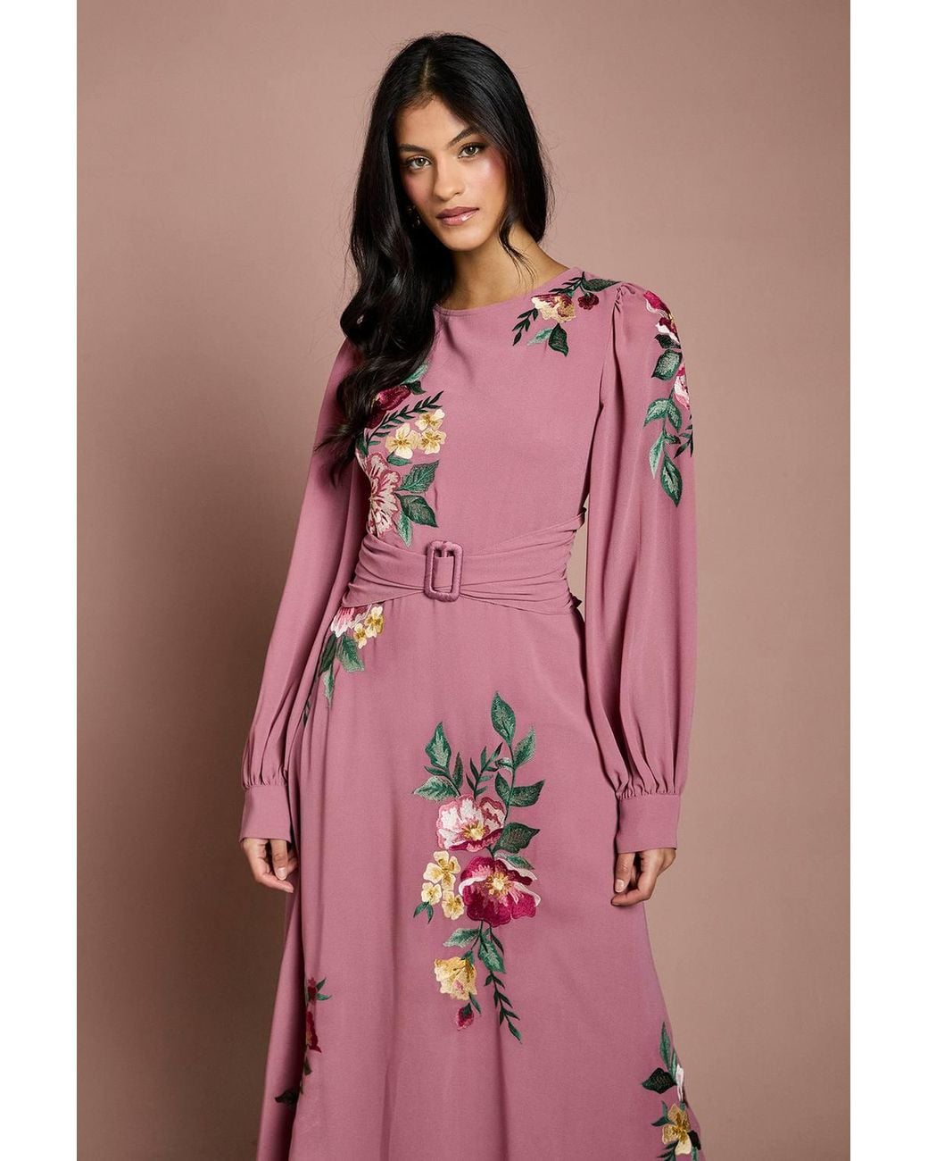 Coast Pink Petite Embroidered Long Sleeve Belted Midi Dress