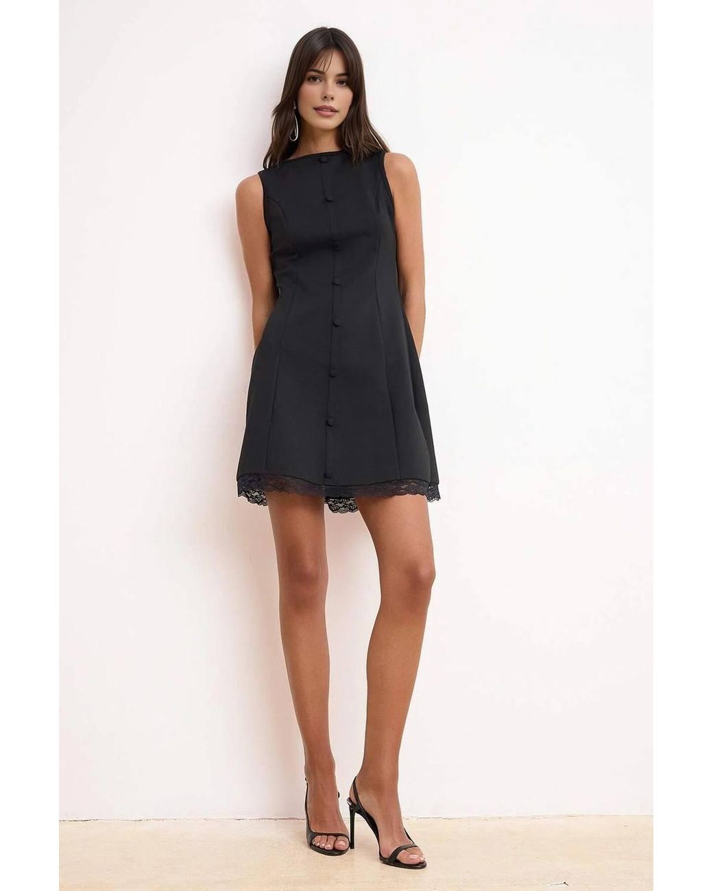WOVCOR Black Boat Neck Sleeveless Mini A-Line Dress W/ Lace Hem