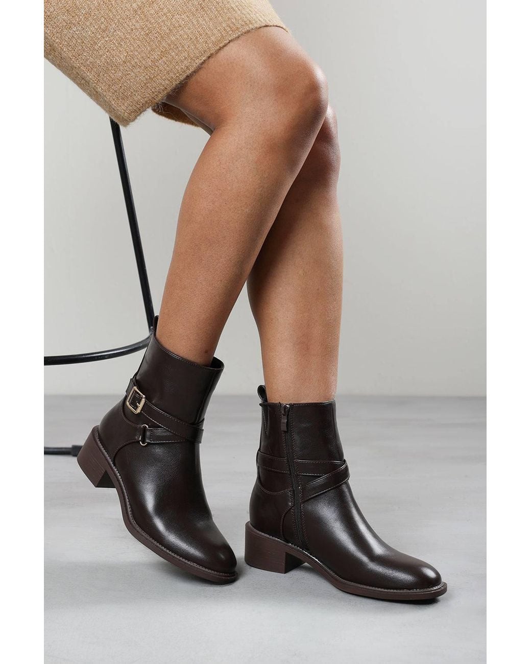 Where's That From Black Elvara Low Block Heel Ankle Boot W/ Strap Detail