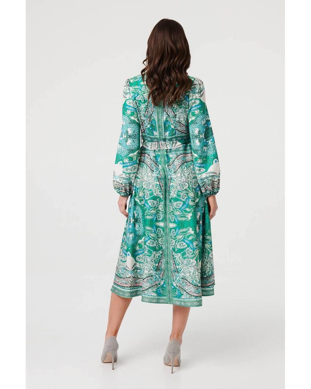 Izabel London Green Printed Long Sleeve Tie Midi Dress