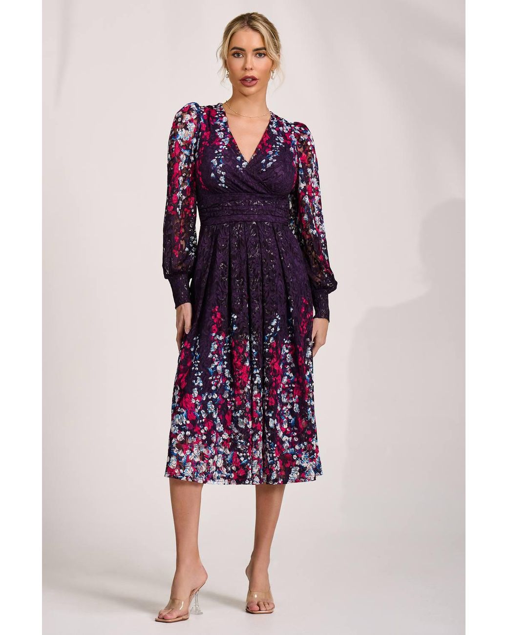 Jolie Moi Purple Long Sleeve Printed Lace Midi Dress