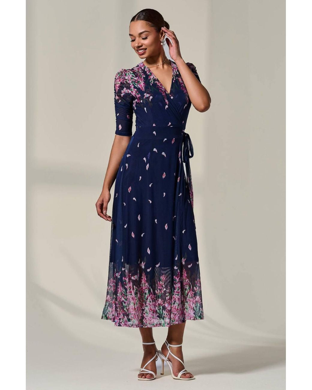 Jolie Moi Blue Half Sleeve Floral Wrap Dress