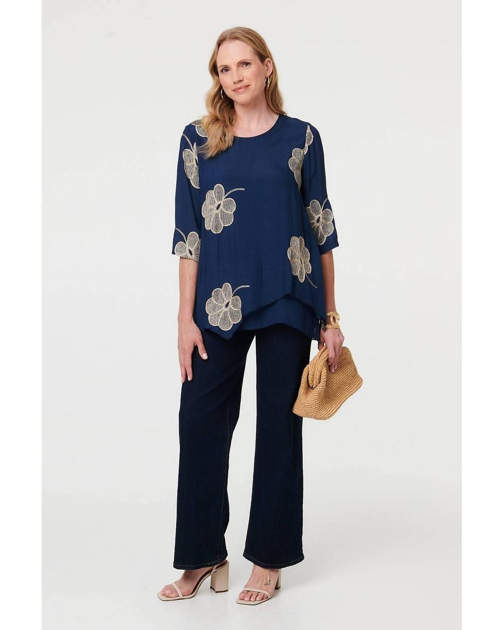 Izabel London Blue Embroidered Texture Layered Blouse