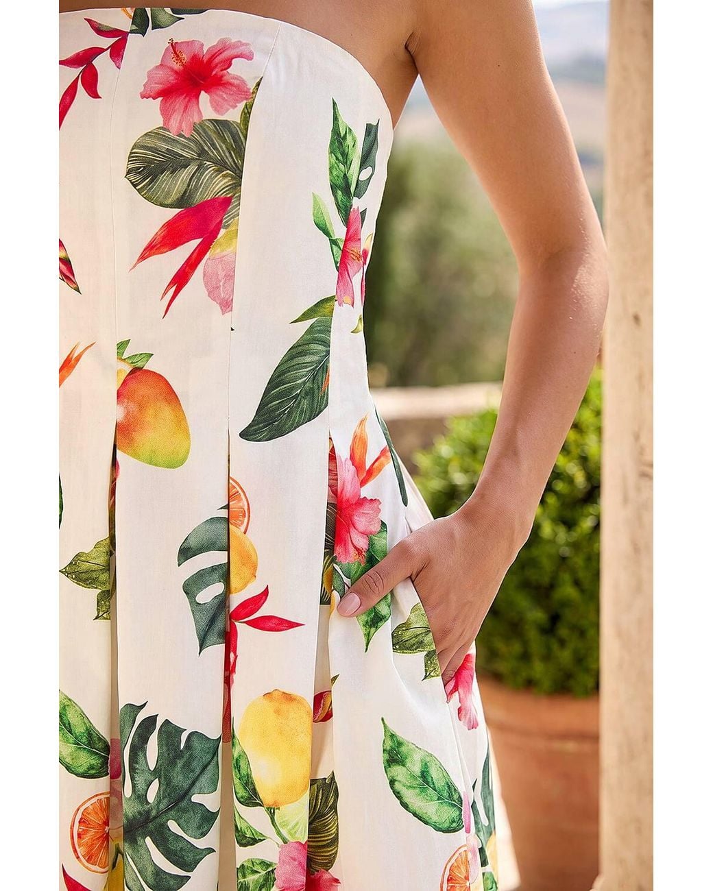 Roman Yellow Petite Bandeau Tropical Print Midi Dress