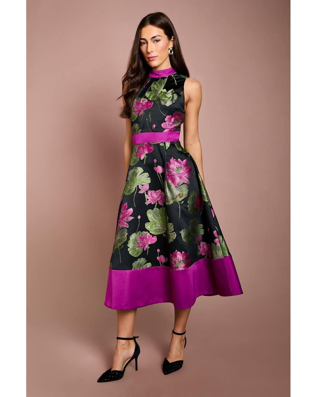 Coast Pink Jacquard Sleeveless Midi Dress With Satin Waistband