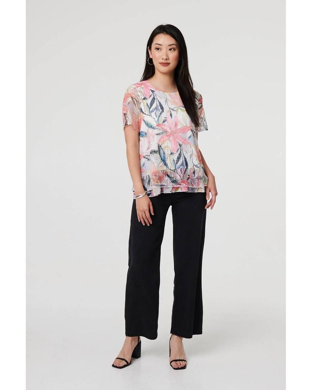 Izabel London White Floral Short Sleeve Mesh Layered Top