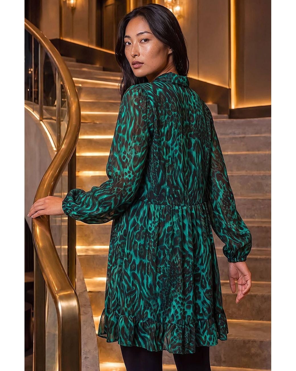 Roman Blue Petite Animal Print Frill Hem Dress