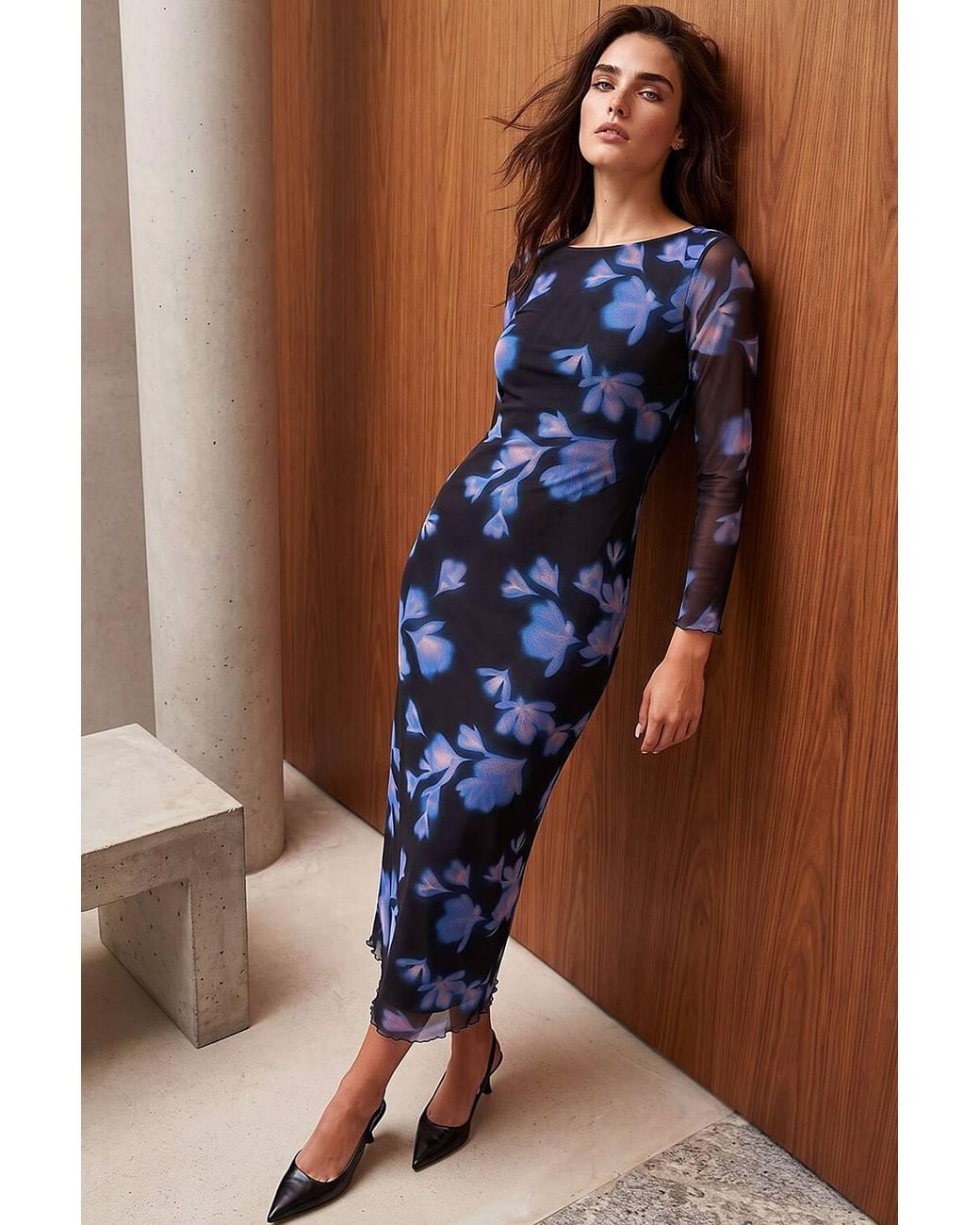 Roman Blue Petite Printed Mesh Midi Dress