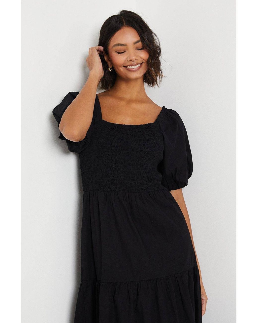 Dorothy Perkins Black Puff Sleeve Shirred Bodice Midi Dress