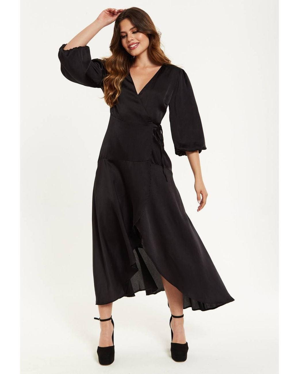 Liquorish Black Midi Wrap Dress W/ Puff Sleeves