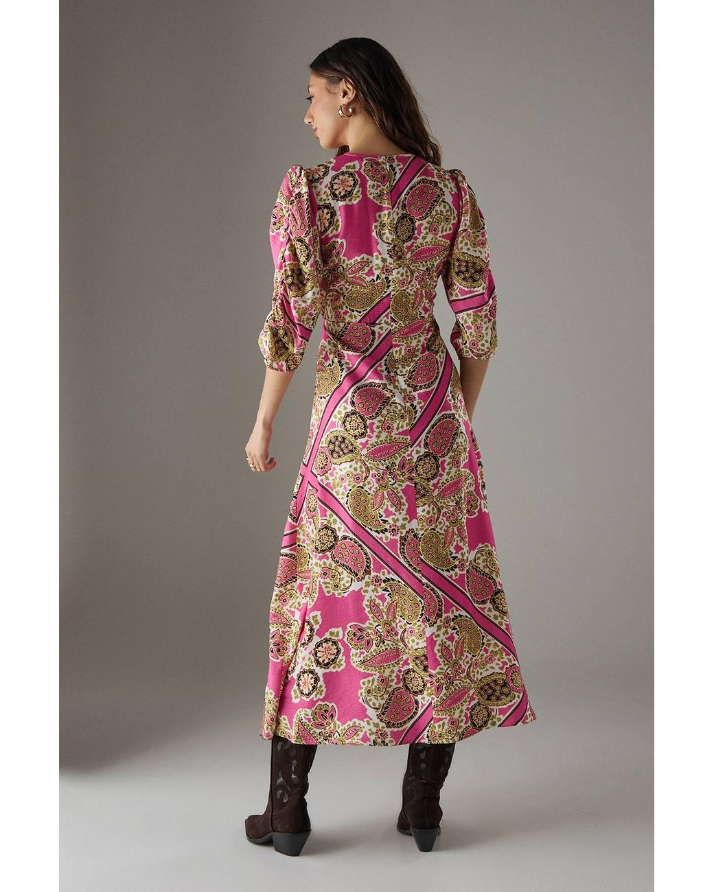 Warehouse Multicolor Viscose Paisley V Neck Puff Sleeve Midi Dress