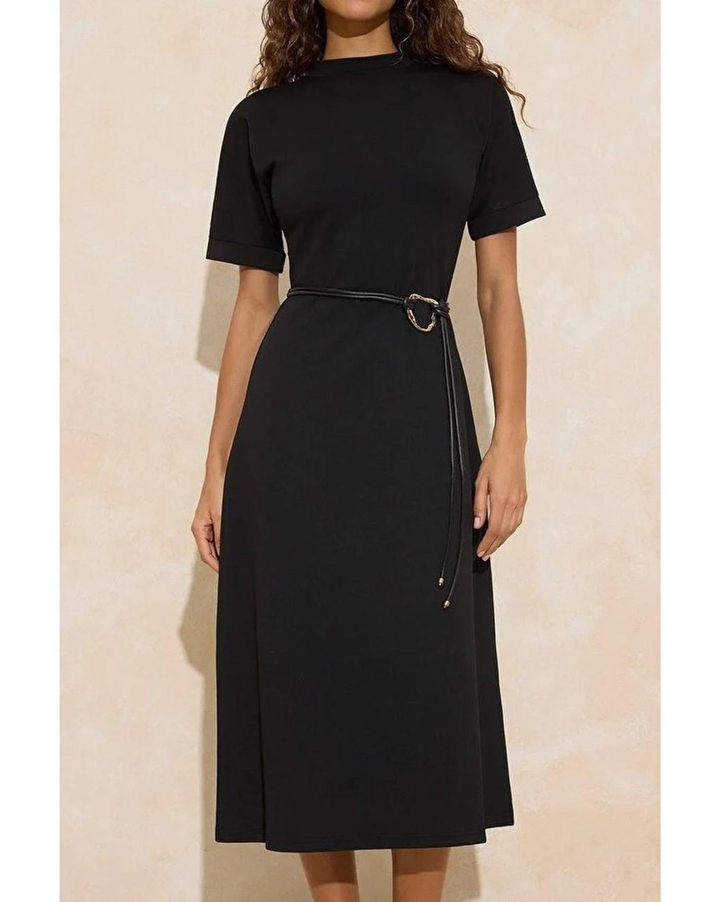 WOVCOR Natural D-Ring Belt Crew Neck Short Sleeve A-Line Midi Dress