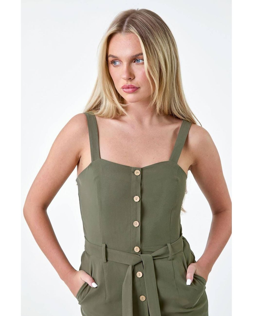 Roman Green Petite Button Front Tiered Midi Dress