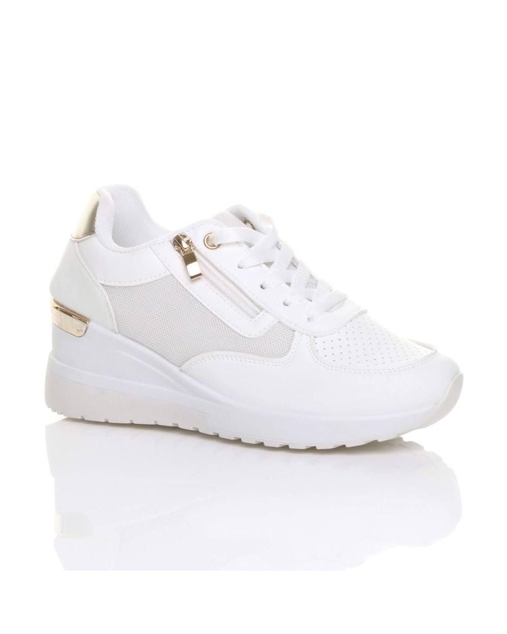 AJVANI White Mid Wedge Heel Lace Up Zip Trainers
