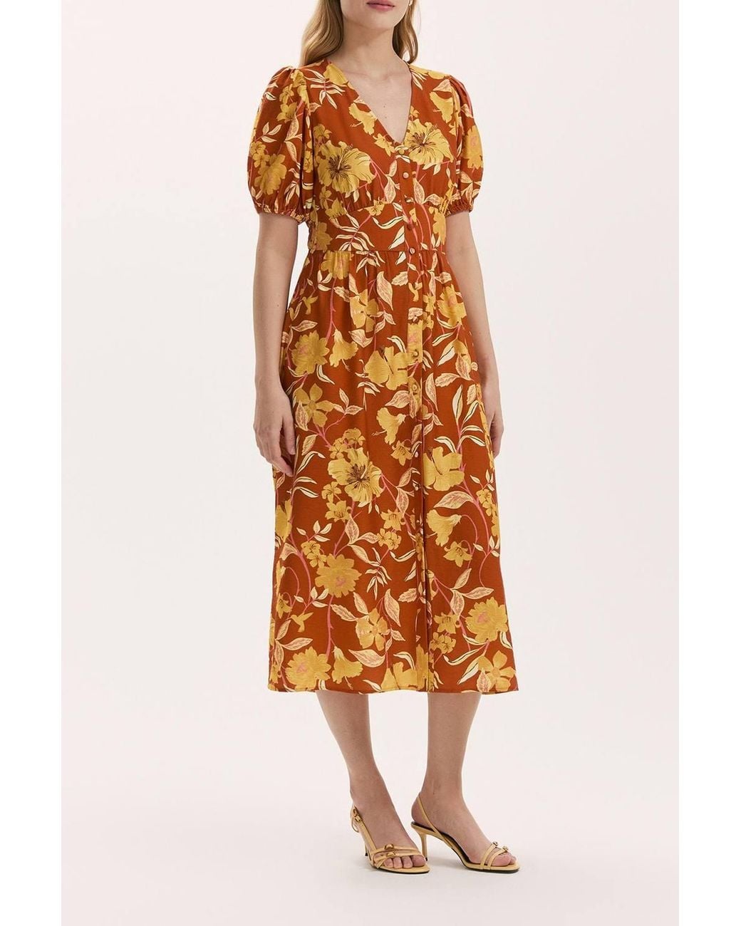 Finery London Orange Addison Floral Crepe Midi Dress