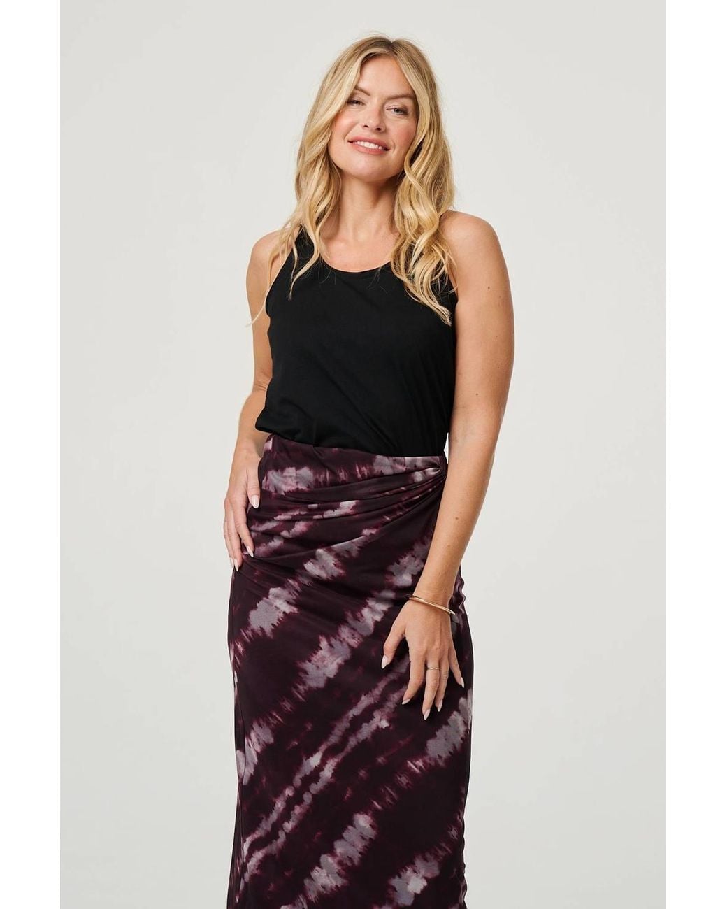 Izabel London Red Tie Dye Ruched High Waist Midi Skirt