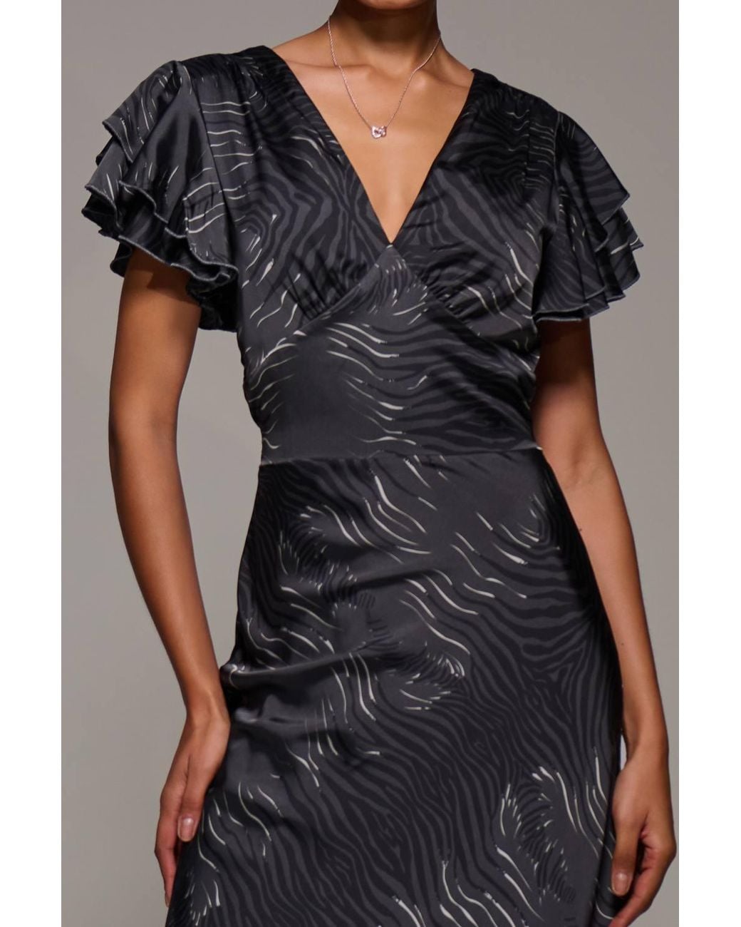 Jolie Moi Blue Ruffle Sleeve Print Satin Maxi Dress