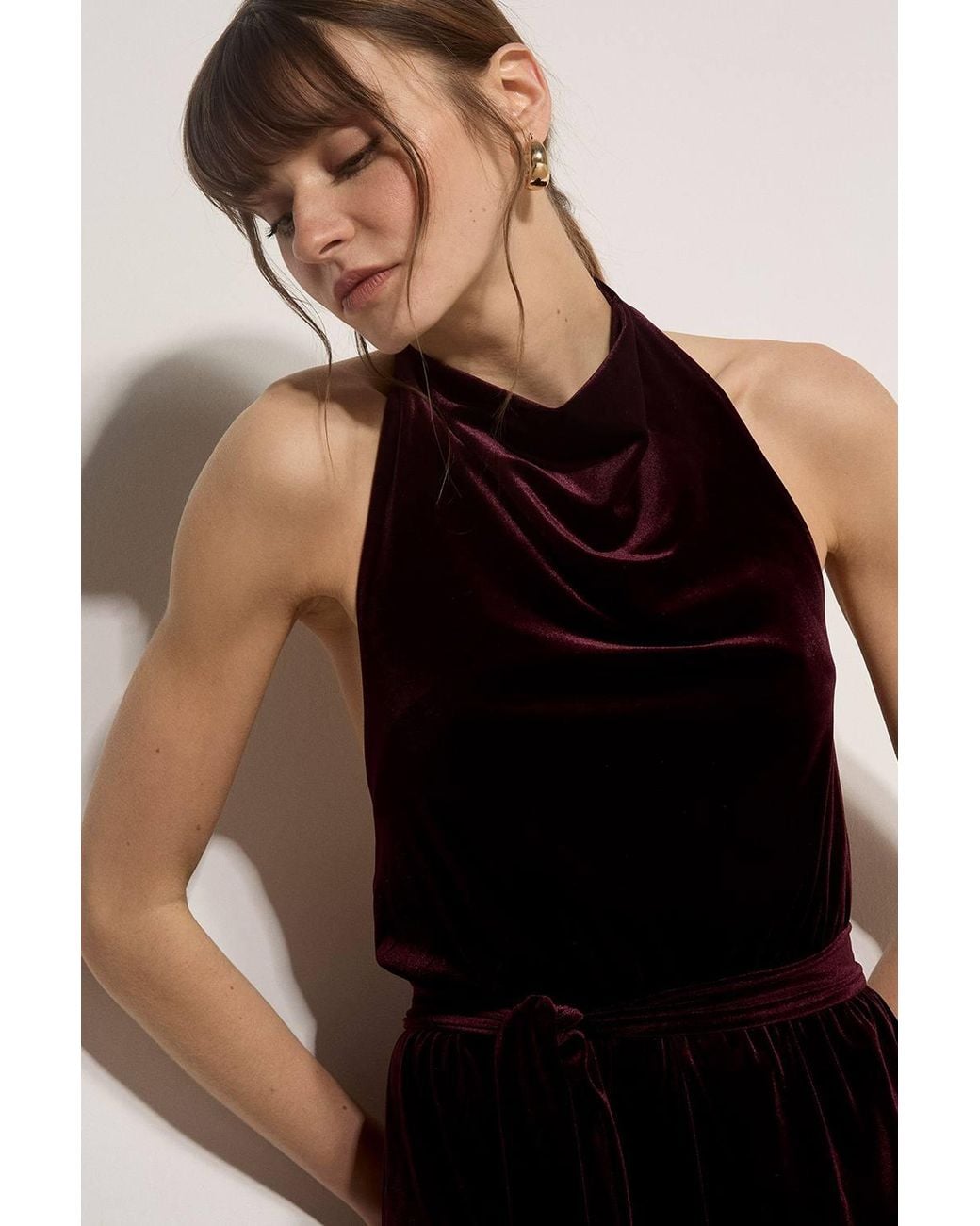 Apricot Red Velvet Cowl Neck Jumpsuit