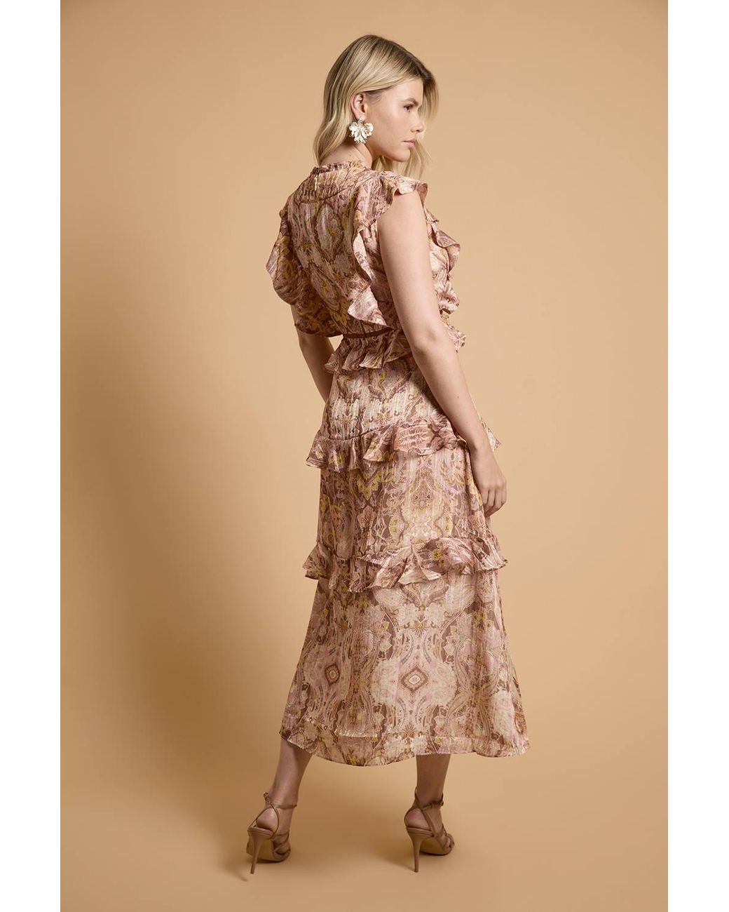 Oasis Brown Stud Trim Frill Tiered Midaxi Dress