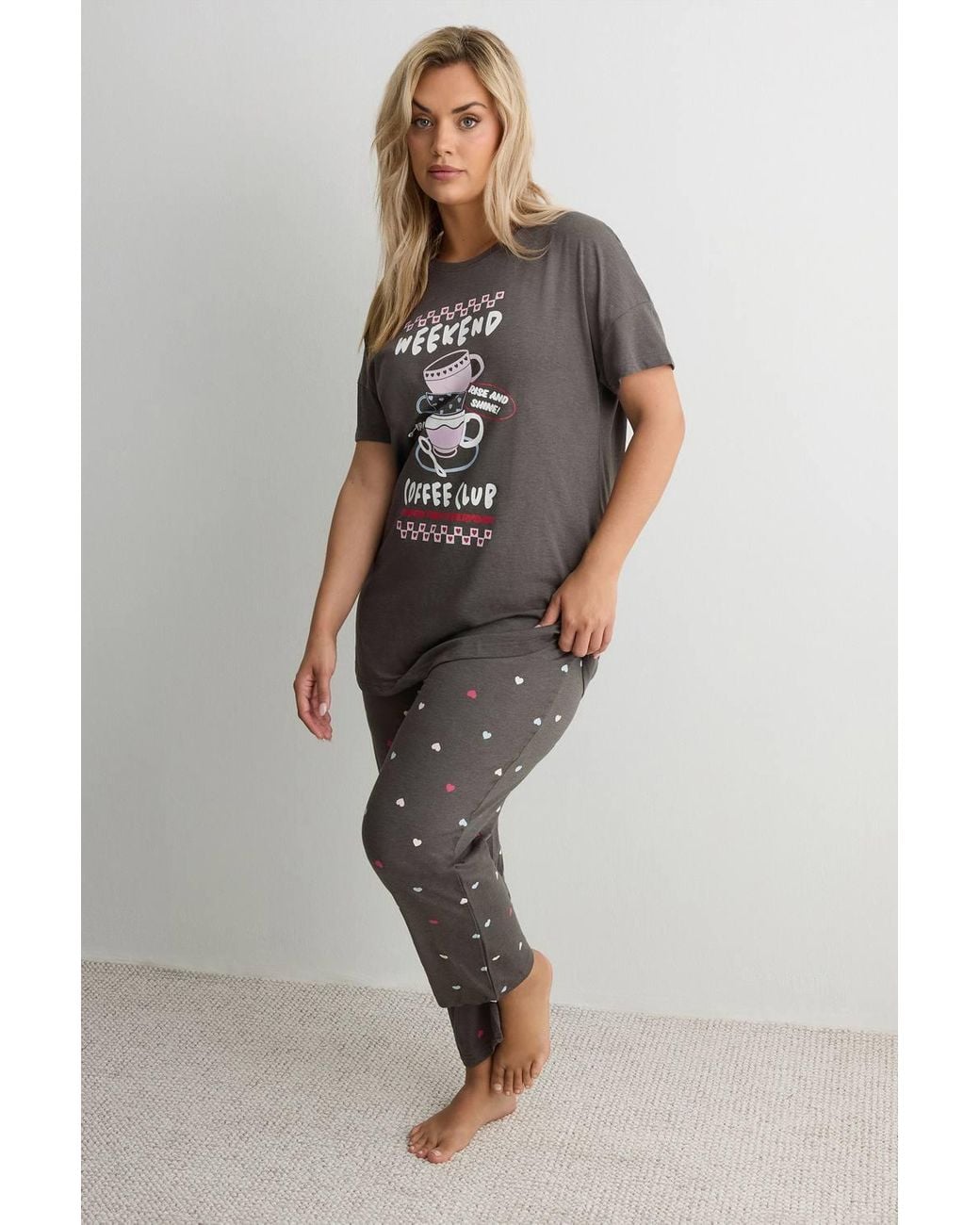 Yours Gray 'Coffee Club' Wide Leg Pyjama Set