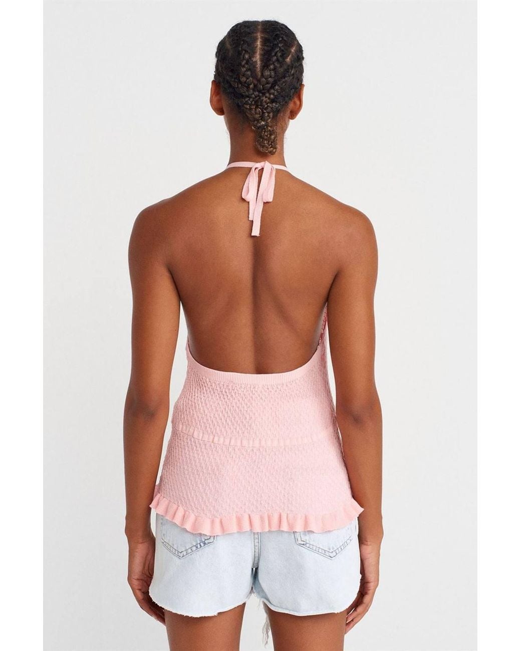 Dilvin White Slim Fit Halter-Neck Knit Blouse