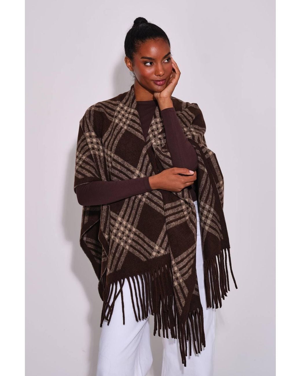 South Beach Brown Check Fringe Shawl