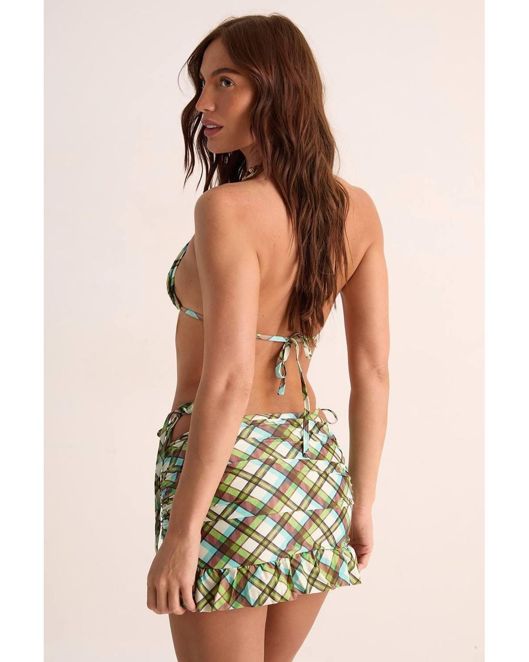 Nasty Gal Green Check Triangle Bikini & Ruffle Skirt 3Pc Set