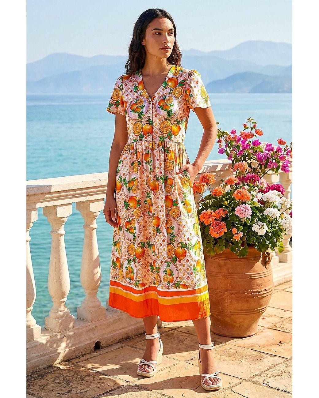 Roman Orange Fruit Print V-Neck Midi Dress