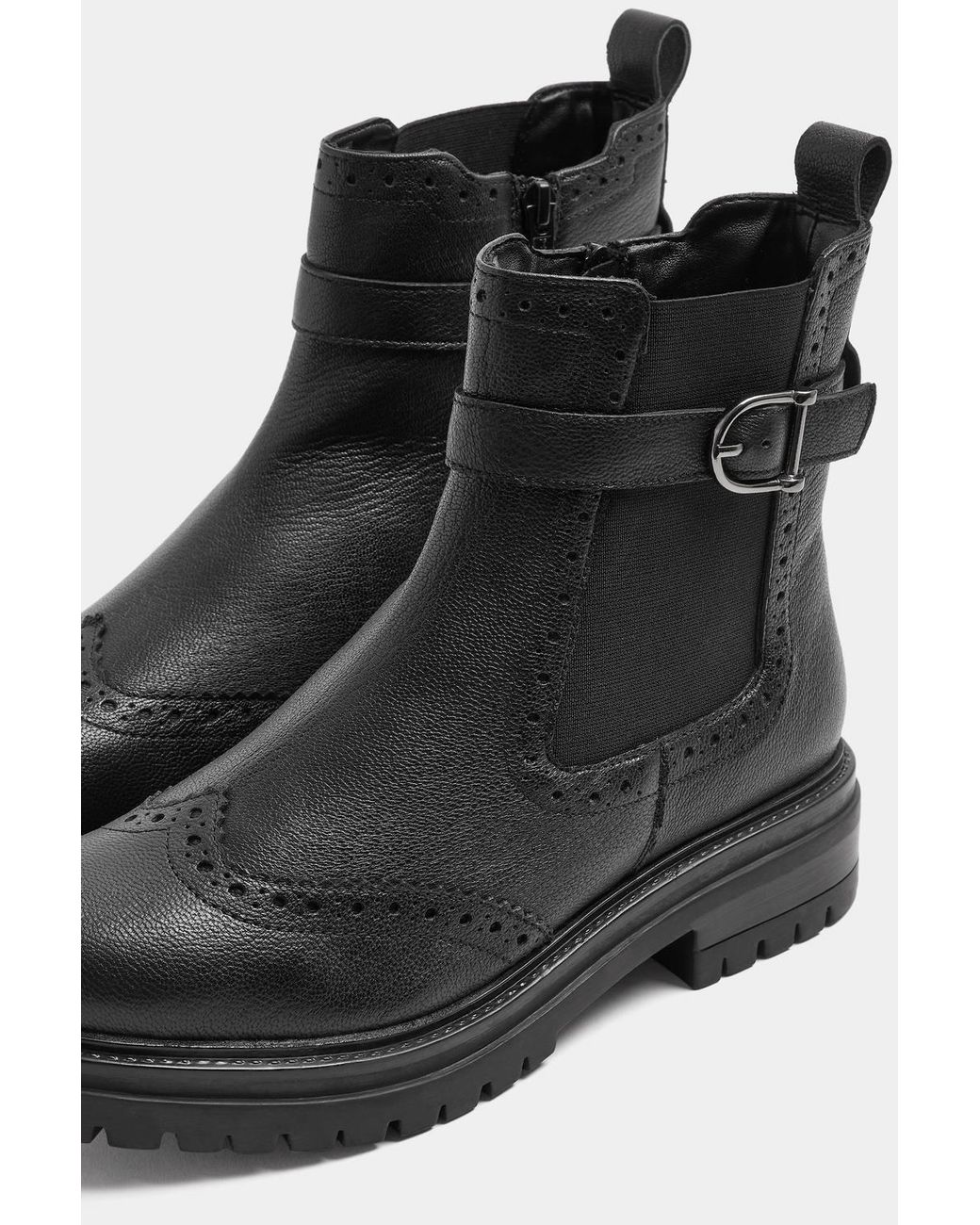 Long Tall Sally Black Leather Brogue Detail Chelsea Boots