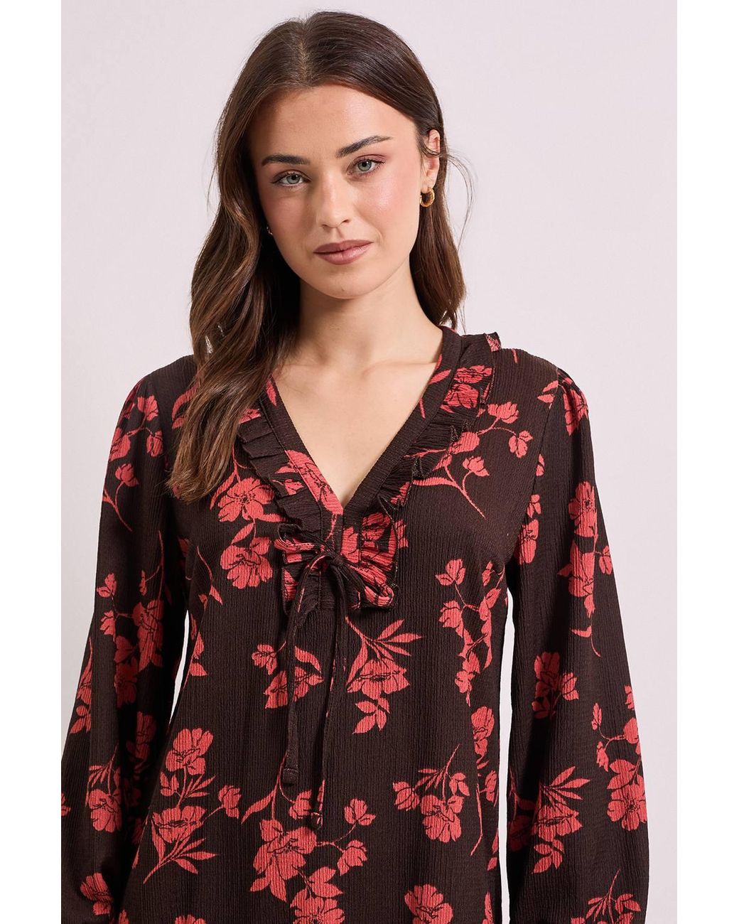 Dorothy Perkins Floral Tie Detail Frill Neck Blouson Sleeve Tiered Mini Dress