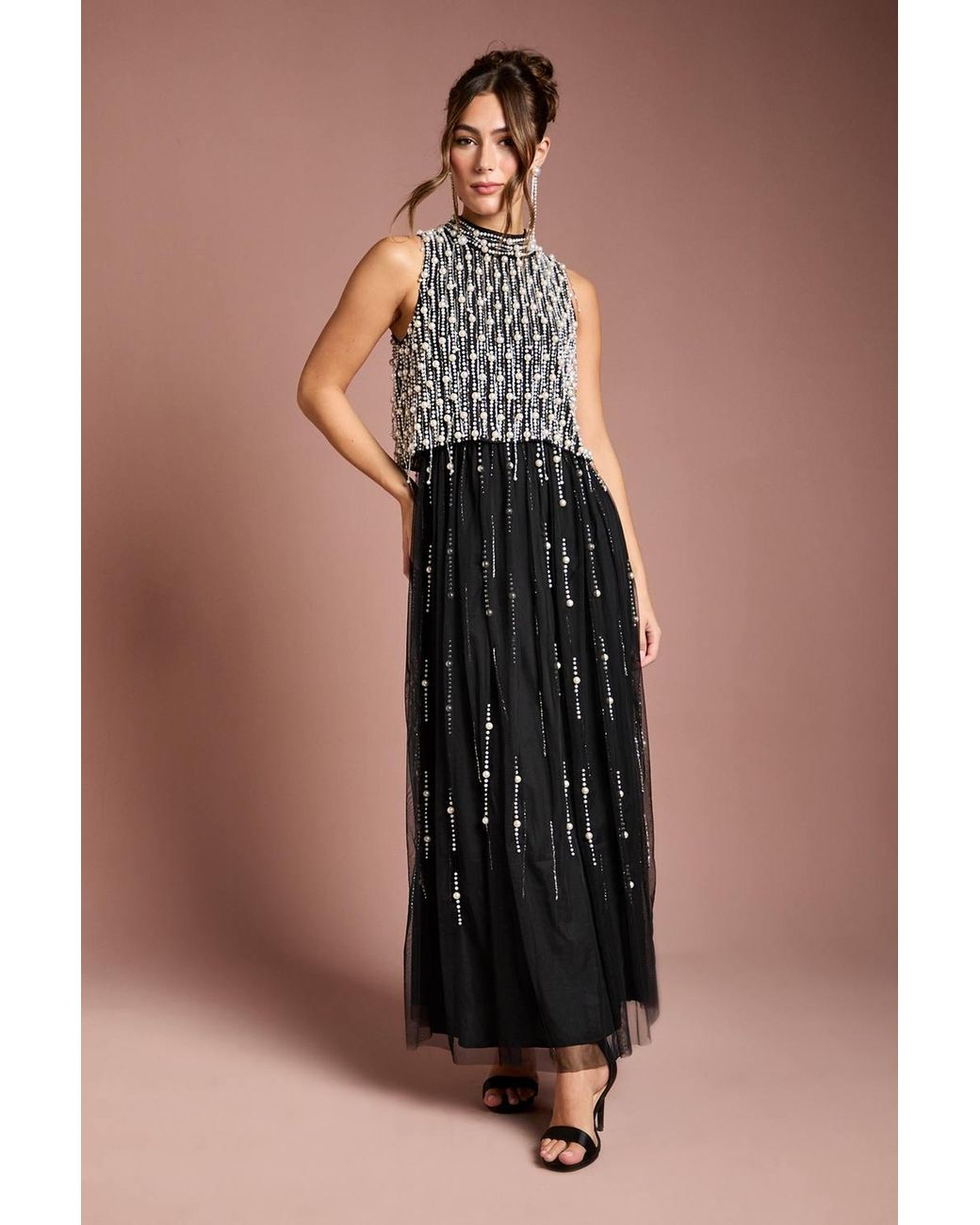Coast Black Pearl Beaded Overlay Georgette Maxi Dress