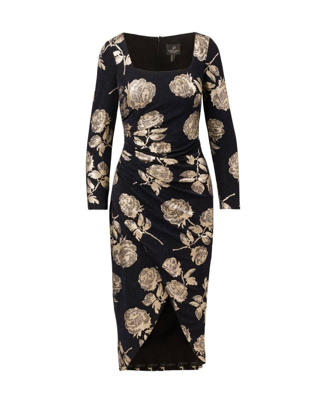 Adrianna Papell Black Floral Metallic Knit Gown Dress