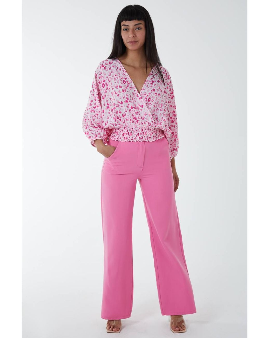 Blue Vanilla Pink Elasticated Sleeve Wrap Front Elastic Hem Top