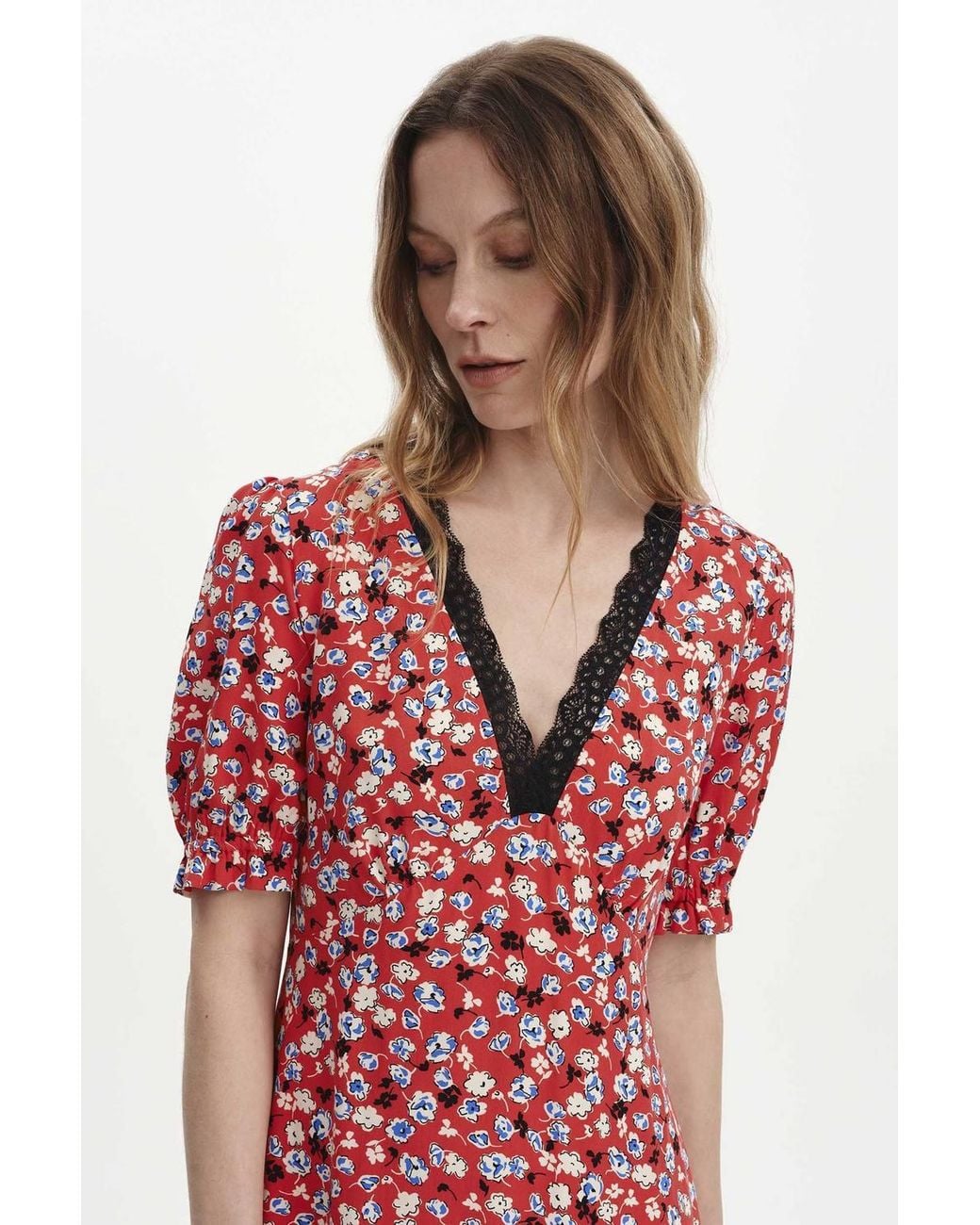 Finery London Red Eilish Lace Trim Midi Dress