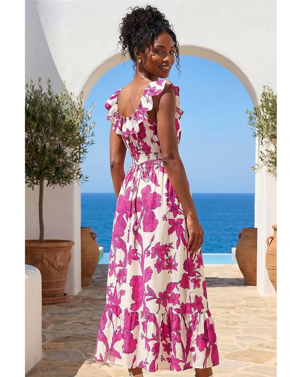 Roman Pink Floral Print Frill Shirred Midi Dress