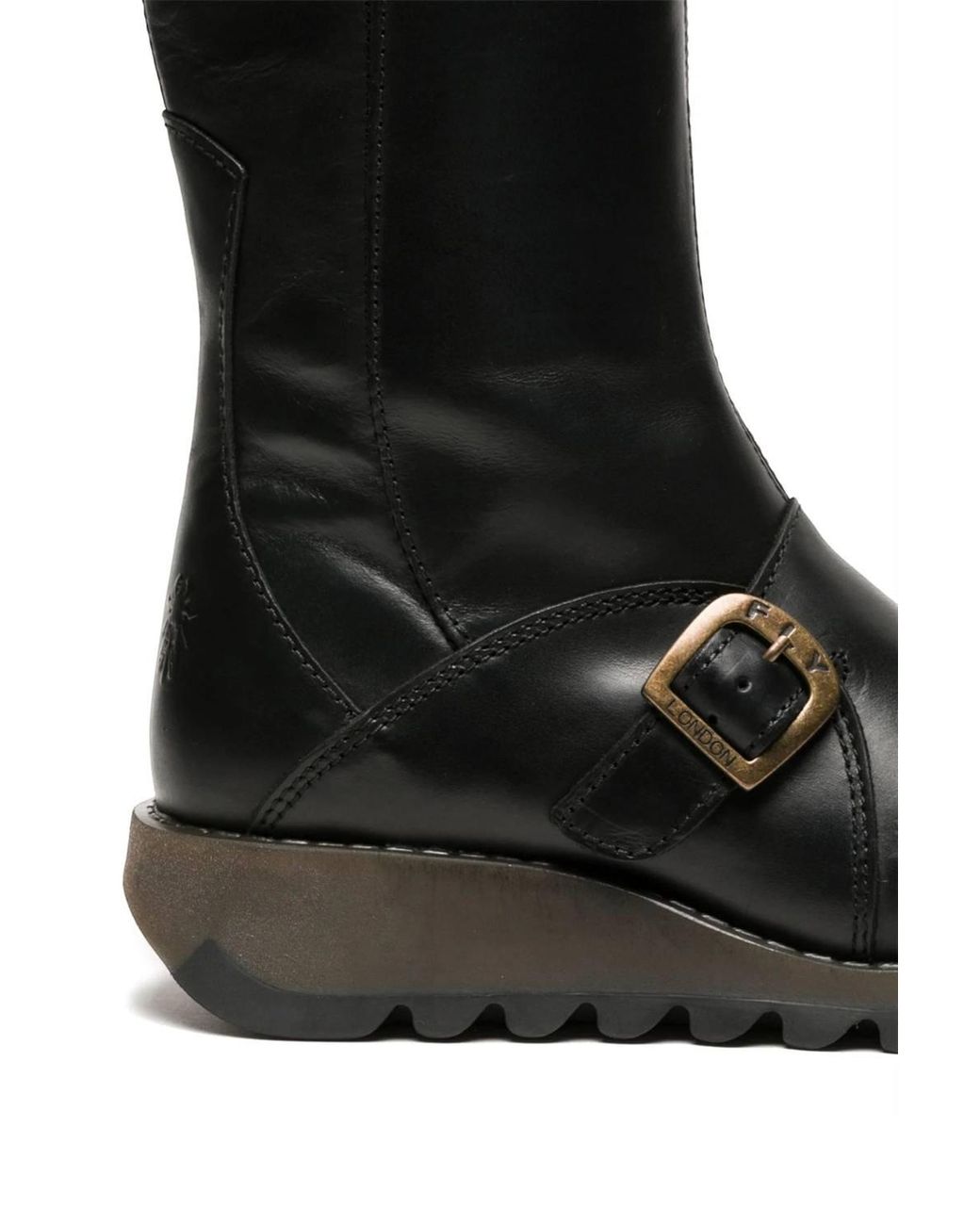 Infinity Leather Black Fly London Mes 2 Wedge Heel Buckle Mid-Calf Leather Zip Platform Boots